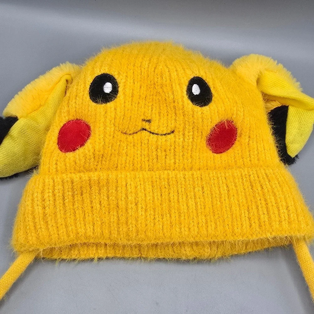 Pikachu Pokemon Knit Beanie Hat Fuzzy Yellow Earflap Pom Pom Fleece Lined Motion
